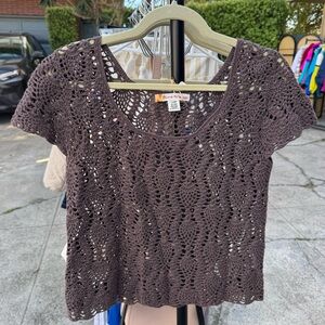 Love Tree Crochet Open-Knit Short Sleeve Top in Brown